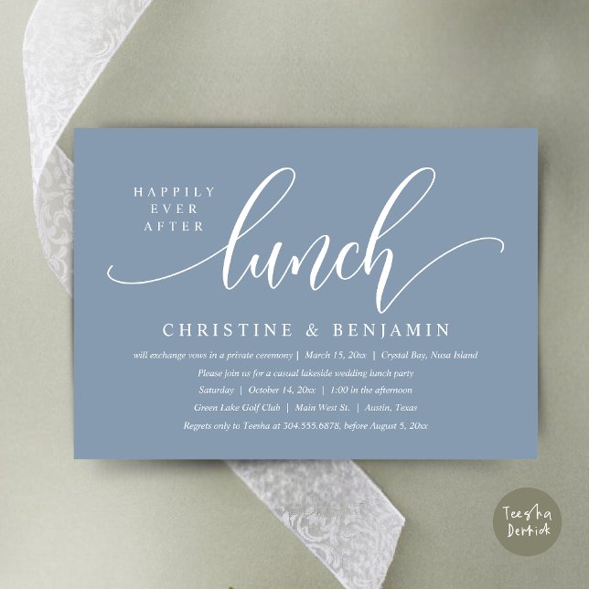 Happily Ever After Lunch Elopement, Modern Script Invitation (Happily Ever After Lunch, Modern Wedding Elopement Invitation Card, PDF, in Dusty Blue)