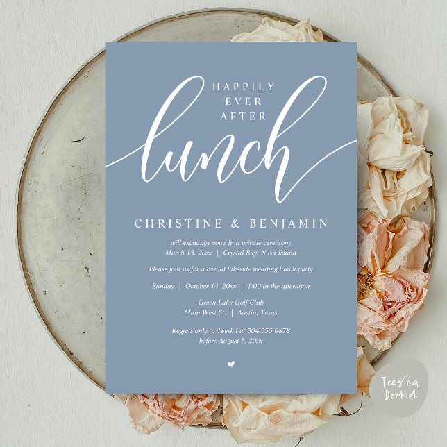 Happily Ever After Lunch, Elopement, Modern Script Invitation (Happily Ever After Lunch, Elopement Card, PDF, Modern Wedding, in Dusty Blue)
