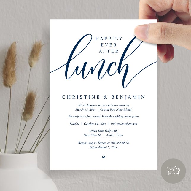 Happily Ever After Lunch, Elopement, Modern Script Invitation (Happily Ever After Lunch, Elopement Card, PDF, Modern Wedding, in Navy Blue)