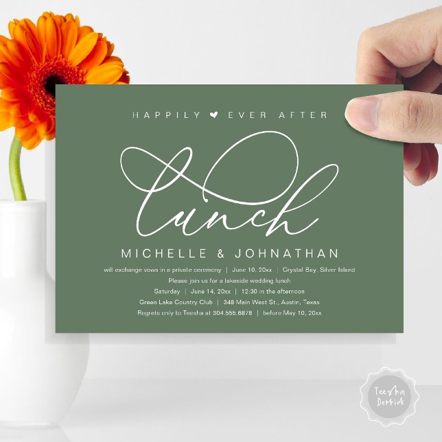 Happily Ever After Lunch, Modern Romantic Party Invitation (Happily Ever After Lunch Invitation Card, PDF, Wedding Elopement, Romantic Heart, Forest Sage Green)