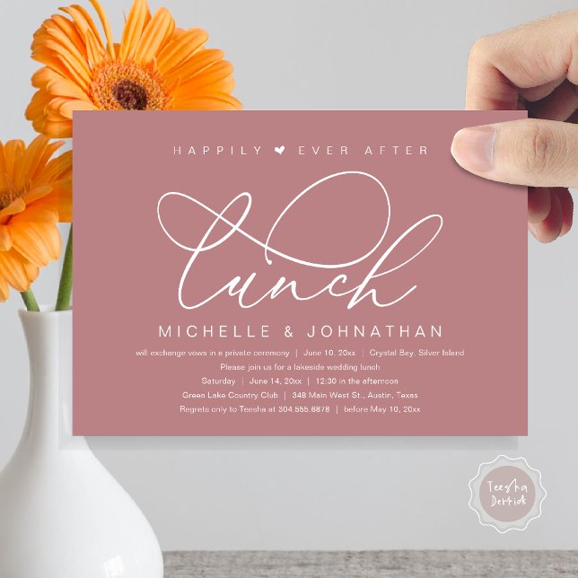 Happily Ever After Lunch, Modern Romantic Party Invitation (Happily Ever After Lunch Invitation Card, PDF, Wedding Elopement, Romantic Heart, Dusty Rose Pink)