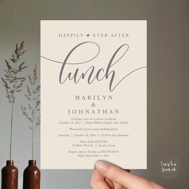 Happily Ever After Lunch, Post Wedding Invitation (Happily Ever After Lunch, Wedding Party Invitation Card PDF Modern Beautiful Cream Grey)