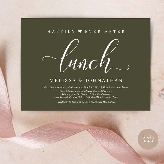 Happily Ever After Lunch, Wedding Elopement party Invitation (Happily Ever After Lunch Invitation Card, PDF, Modern Classy Script, in Olive Green)