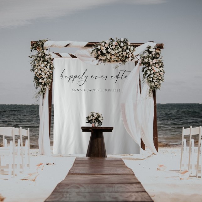 Happily Ever After Minimalist B&W Wedding Backdrop Tapestry (Happily Ever After Personalized Wedding Aisle Alter black & White Elegant Aesthetic Backdrop)