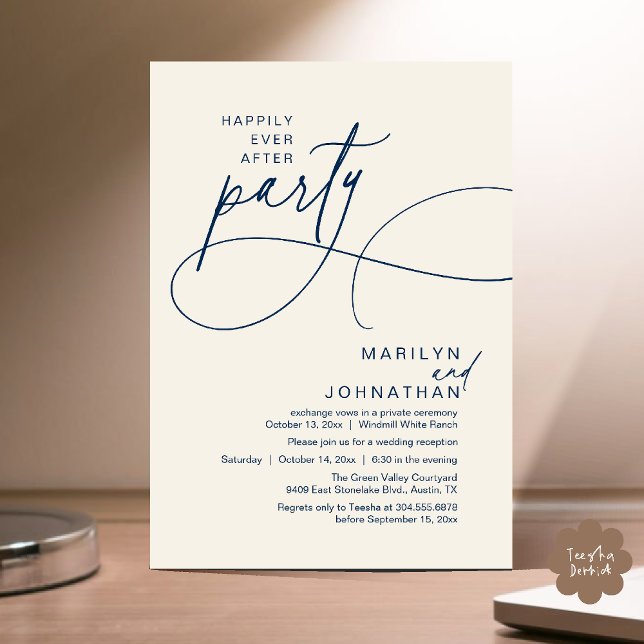 Happily Ever After Modern Elegant Wedding Dinner Invitation (Happily Ever After Modern Elegant Romantic Wedding Reception Dinner Invites Card in Navy Blue Ivory)