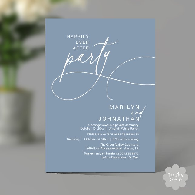 Happily Ever After Modern Elegant Wedding Dinner Invitation (Happily Ever After Modern Elegant Romantic Wedding Reception Dinner Invitation Card in Dusty Blue)