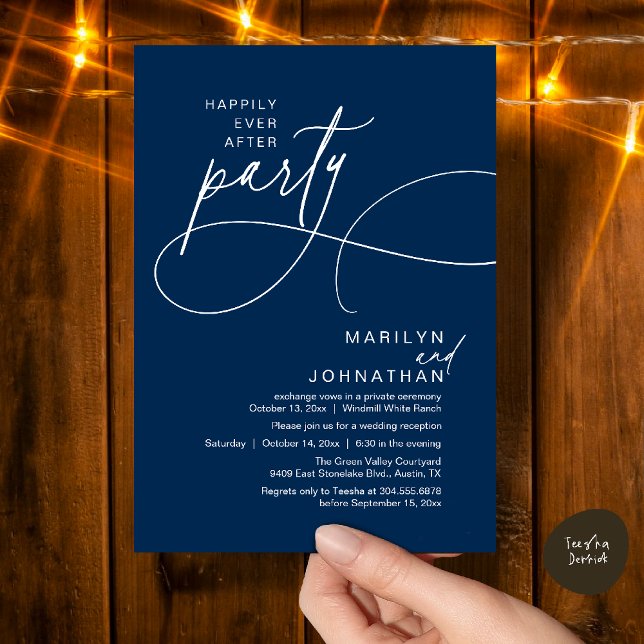 Happily Ever After Modern Elegant Wedding Dinner Invitation (Happily Ever After Modern Elegant Romantic Wedding Reception Dinner Invitation Card in Navy Blue)