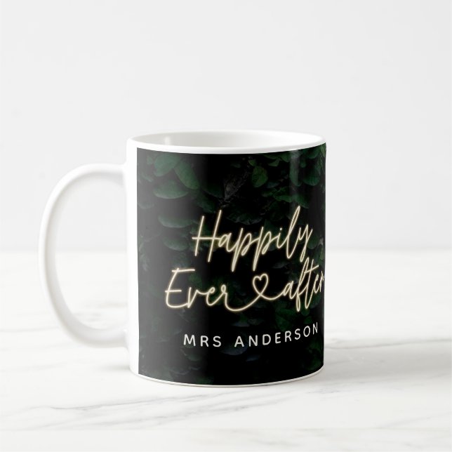 Happily ever after modern foliage wedding bride coffee mug (Left)