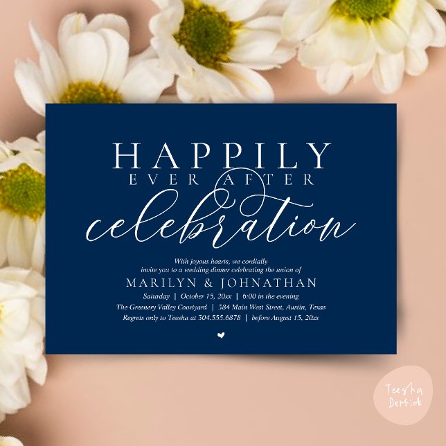 Happily Ever After Modern Wedding Celebration Invitation (Happily Ever After Modern Wedding Celebration Dinner Brunch, Lunch, Invites Card in Navy Blue)