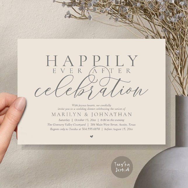 Happily Ever After Modern Wedding Celebration Invitation (Happily Ever After Modern Wedding Celebration Dinner Brunch, Lunch, Invites Card in Cream Grey)
