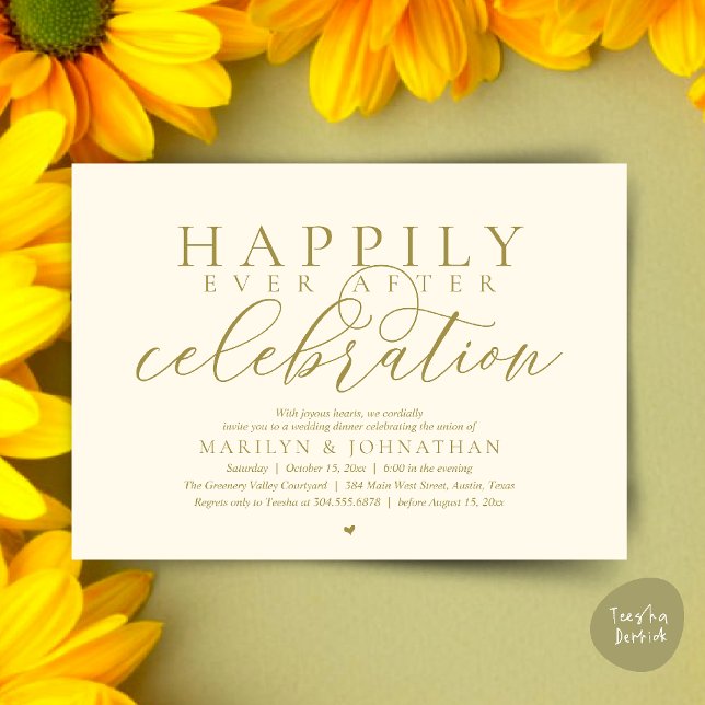 Happily Ever After Modern Wedding Celebration Invitation (Happily Ever After Modern Wedding Celebration Dinner Brunch, Lunch, Invites Card in Yellow Gold)