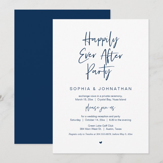 Happily Ever After, Navy Blue, Elopement Party Invitation (Front/Back)