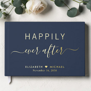 Happily Ever After Navy Blue Wedding Guest Book