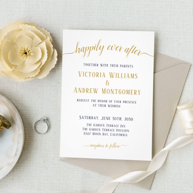Happily Ever After Navy Gold Script Wedding Invitation (Creator Uploaded)