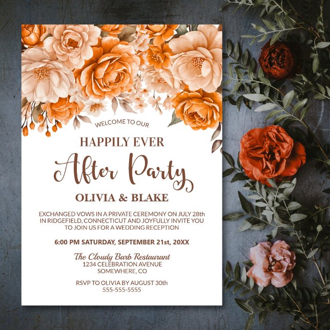 Happily Ever After Orange Floral Wedding Reception Invitation (Creator Uploaded)