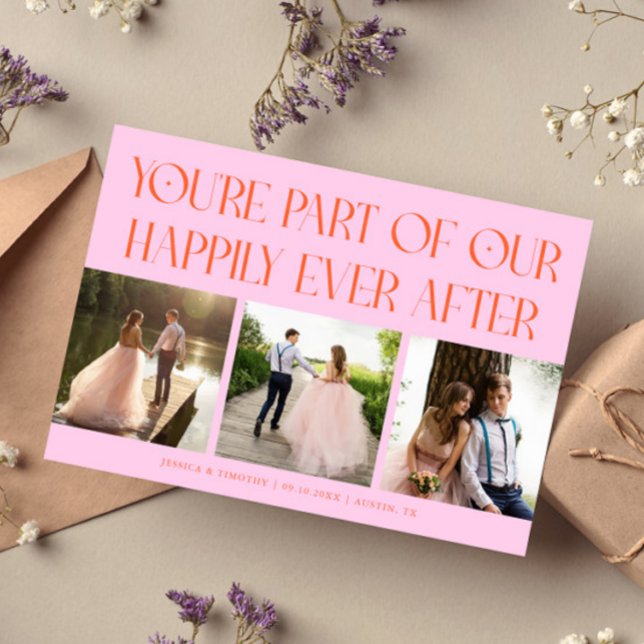 Happily Ever After Orange Pink Wedding Photo Thank You Card (Creator Uploaded)
