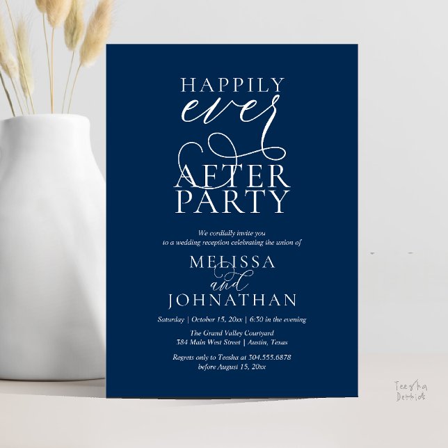 Happily Ever After Party, Classy Wedding Reception Invitation (Happily Ever After Party, Classy Wedding Reception Modern Dinner Invitation Card PDF Navy Blue)