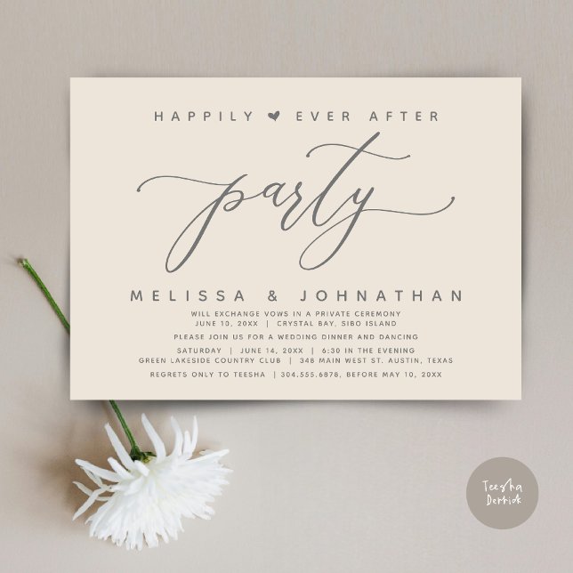 Happily Ever After Party Cream Grey Wedding Dinner Invitation (Modern Romantic Wedding Elopement Happily Ever After Dinner Party Invitation Card, PDF, Cream Grey)