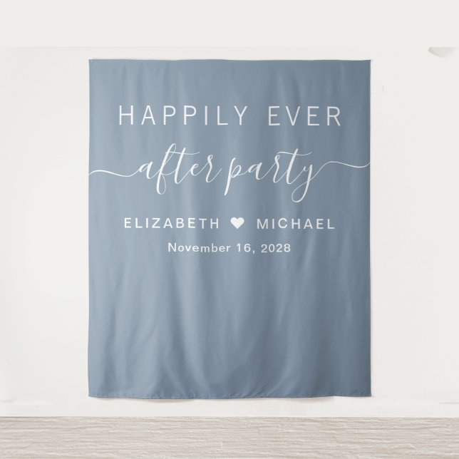 Happily Ever After Party Dusty Blue Photo Backdrop Tapestry (Front)