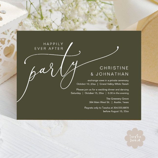 Happily Ever After Party, Elopement Dinner Dancing Invitation (Happily Ever After Party, Romantic Modern Elopement Dinner Dancing Invites Card PDF Olive Green)