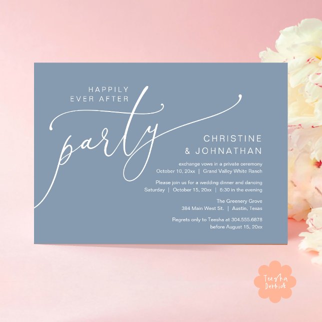 Happily Ever After Party, Elopement Dinner Dancing Invitation (Happily Ever After Party, Romantic Modern Elopement Dinner Dancing Invites Card PDF Dusty Blue)