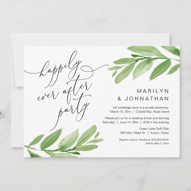 Happily Ever After Party, Elopement, Greenery Invitation (Front)