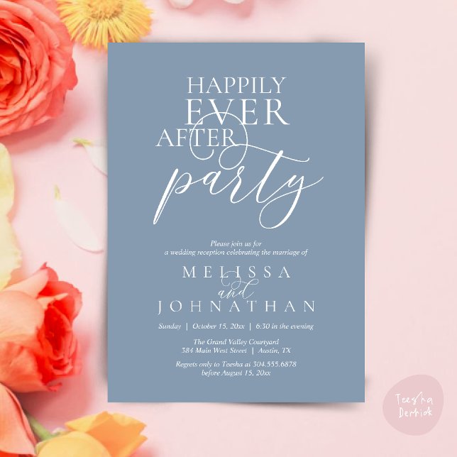 Happily Ever After Party, Modern Classy Wedding Invitation (Happily Ever After Party, Modern Classy Wedding Invitation Card PDF Dusty Blue)