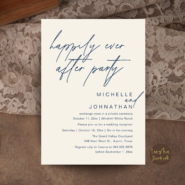 Happily Ever After Party, Modern Minimal Wedding Invitation (Happily Ever After Party, Modern Minimal Wedding Invitation Card in Navy Blue and Ivory)