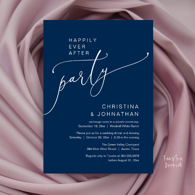 Happily Ever After Party, Modern Reception Dinner Invitation (Happily Ever After Party, Modern Reception Dinner Invitation Card in Navy Blue)