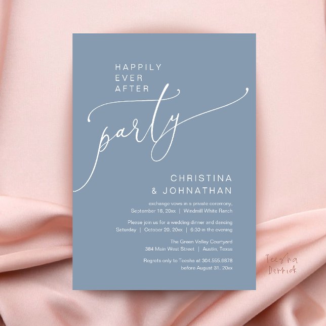 Happily Ever After Party, Modern Reception Dinner Invitation (Happily Ever After Party, Modern Reception Dinner Invitation Card in Dusty Blue)