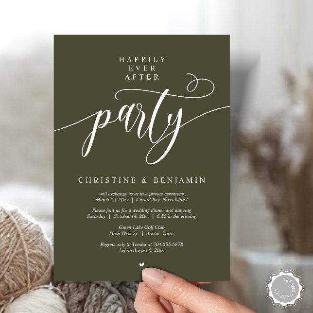 Happily Ever After Party, Modern Script Invitation (Happily Ever After Dinner Party, Modern Script Wedding Reception Invitation Card, PDF, Olive Green)