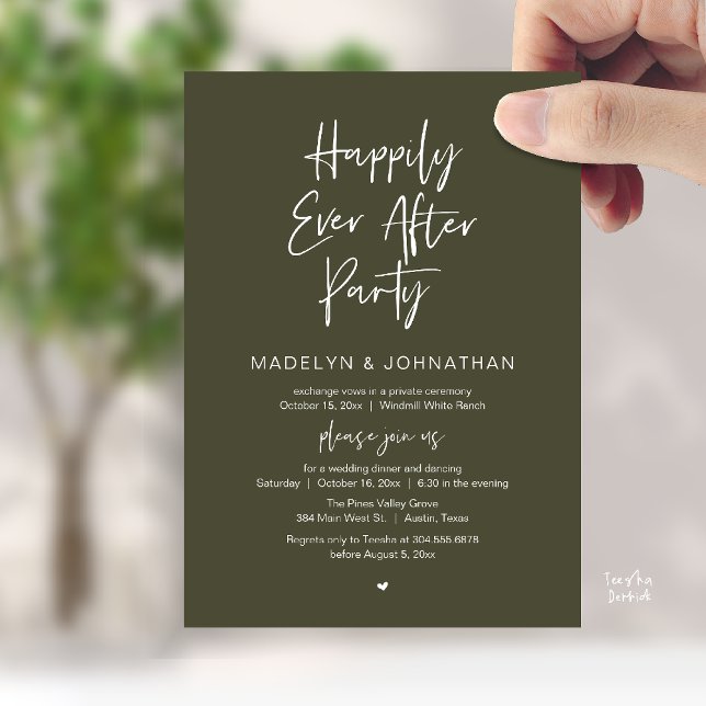 Happily Ever After Party, Modern Wedding Dinner Invitation (Happily Ever After Party, Modern Wedding Reception Dinner Invitation card in olive green)