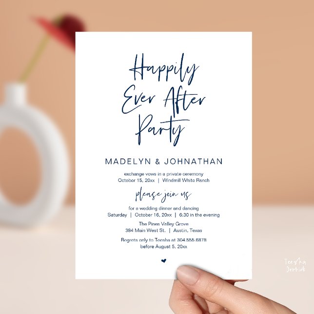 Happily Ever After Party, Modern Wedding Dinner Invitation (Happily Ever After Party, Modern Wedding Reception Dinner Invitation card in navy blue)