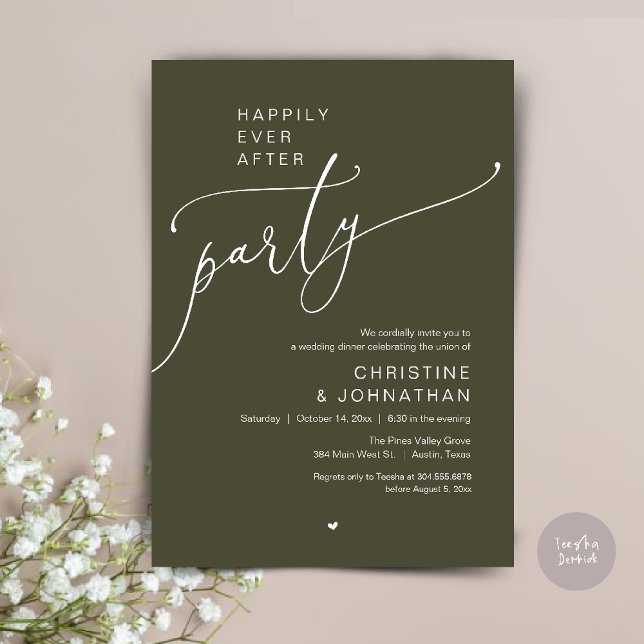 "Happily Ever After Party" Modern Wedding Dinner Invitation ("Happily Ever After Party" Modern Wedding Dinner reception Invitation card in olive green)