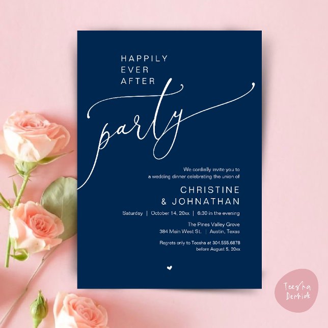 "Happily Ever After Party" Modern Wedding Dinner Invitation ("Happily Ever After Party" Modern Wedding Dinner reception Invitation card in navy blue)