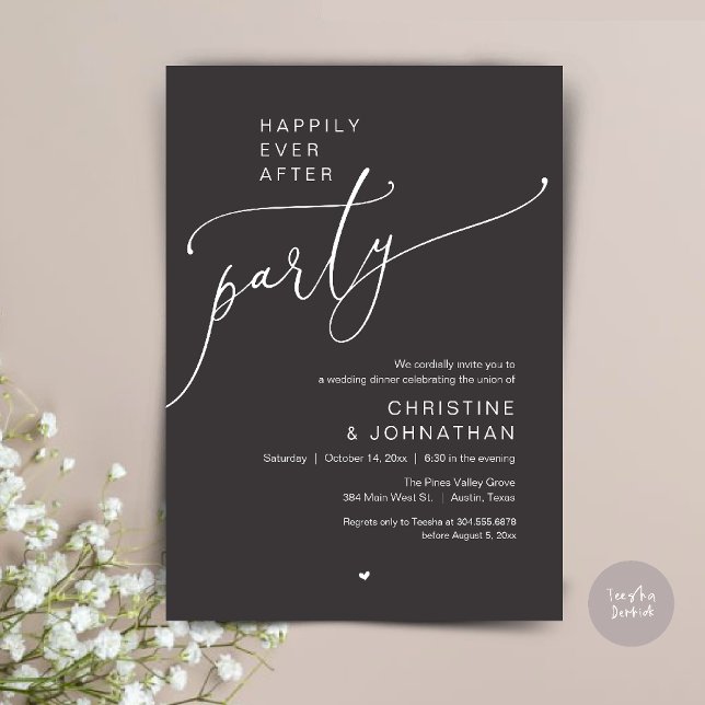 "Happily Ever After Party" Modern Wedding Dinner Invitation ("Happily Ever After Party" Modern Wedding Dinner reception Invitation card in charcoal grey)