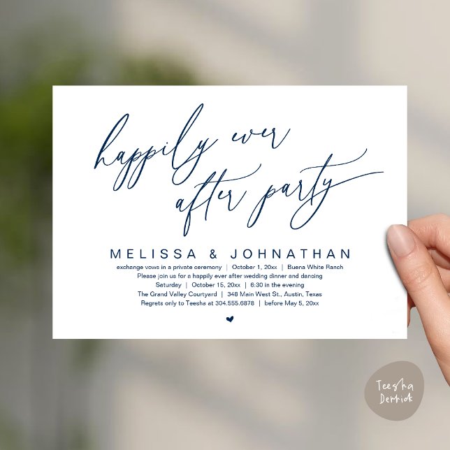 Happily Ever After Party Modern Wedding Dinner Invitation (Happily Ever After Party Modern Romantic Wedding Dinner Party Invitation Card PDF Navy Blue)