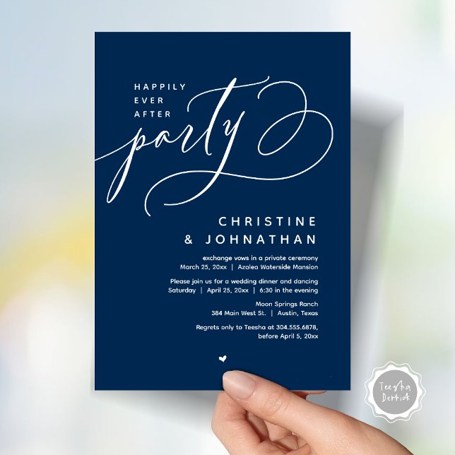 Happily Ever After Party, Modern Wedding Dinner Invitation (Romantic Happily Ever After Party, Modern Wedding Dinner Invitation Card, PDF, Classy Navy Blue)