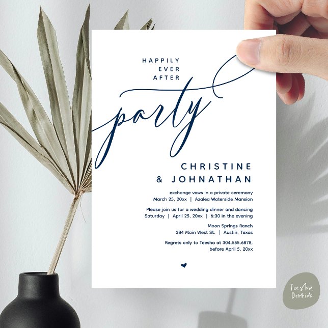 Happily Ever After Party, Modern Wedding Dinner Invitation (Romantic Happily Ever After Party, Modern Wedding Dinner Invitation Card, PDF, Classy Navy Blue)
