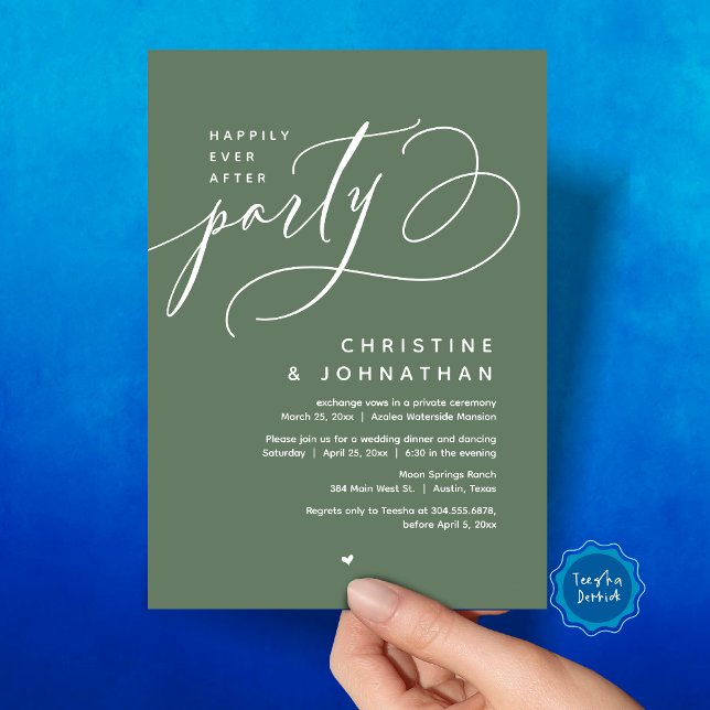 Happily Ever After Party, Modern Wedding Dinner Invitation (Romantic Happily Ever After Party, Modern Wedding Dinner Invitation Card, PDF, Forest Sage Green)