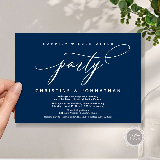 Happily Ever After Party, Modern Wedding Dinner Invitation (Happily Ever After Party, Modern Wedding Dinner Invitation Card, Modern Romantic, PDF, Navy Blue)