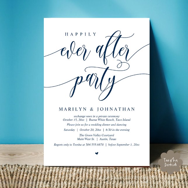 Happily Ever After Party Modern Wedding Elopement Invitation (Happily Ever After Party Modern Wedding Elopement Dinner Lunch Brunch Invites Card PDF Navy Blue)