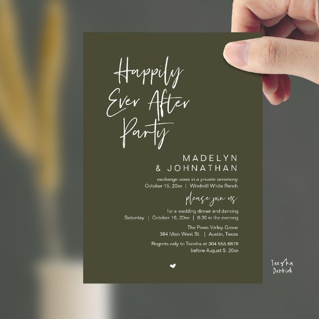 Happily Ever After Party, Modern Wedding Reception Invitation (Happily Ever After Party, Modern Wedding Reception Dinner Invitation card in olive green)