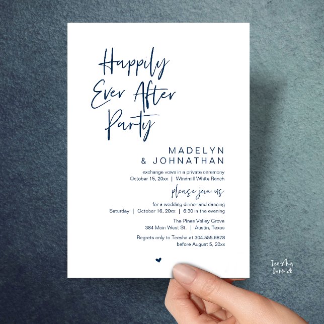 Happily Ever After Party, Modern Wedding Reception Invitation (Happily Ever After Party, Modern Wedding Reception Dinner Invitation card in navy blue)