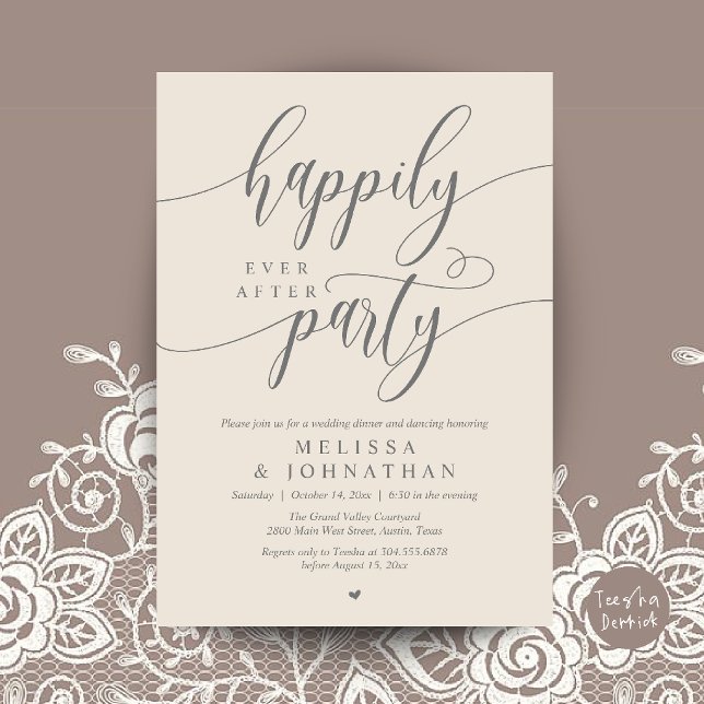 Happily Ever After Party, Modern Wedding Reception Invitation (Happily Ever After Party, Modern Wedding Reception Dinner Invitation Card in Cream Grey)