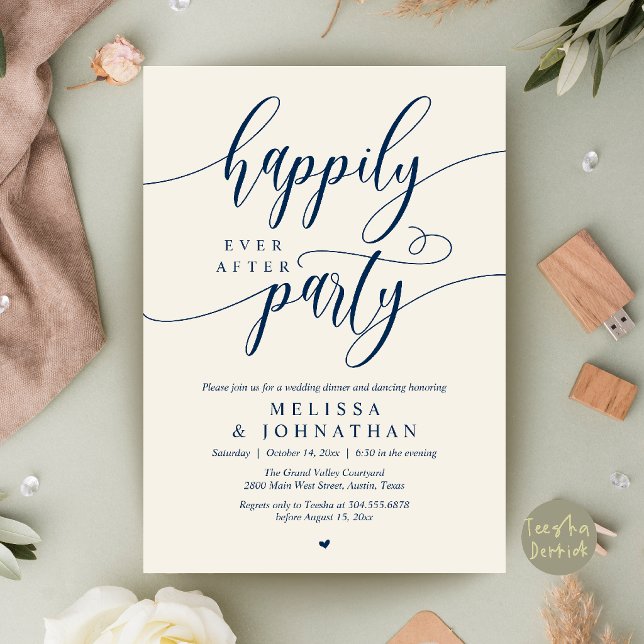 Happily Ever After Party, Modern Wedding Reception Invitation (Happily Ever After Party, Modern Wedding Reception Dinner Invitation Card in Navy Blue and Ivory)