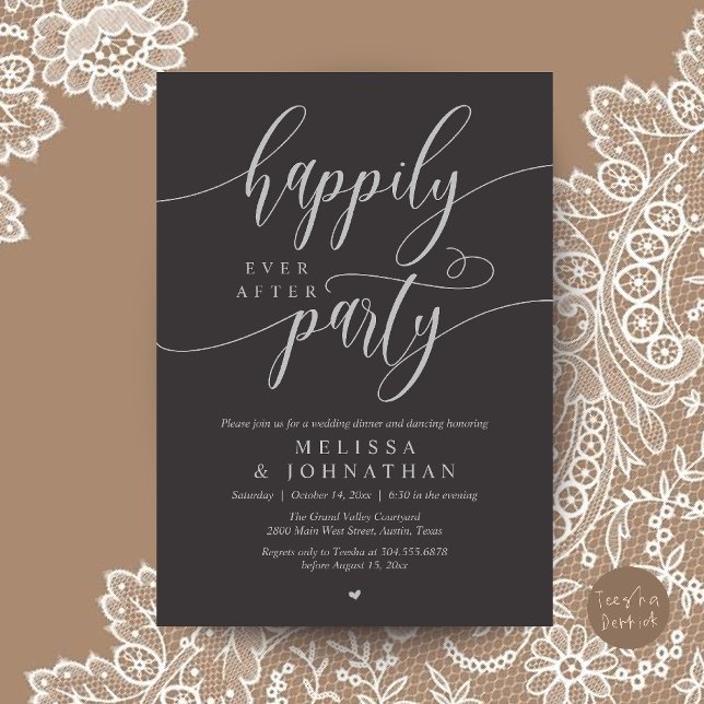 Happily Ever After Party, Modern Wedding Reception Invitation (Happily Ever After Party, Modern Wedding Reception Dinner Invitation Card in Charcoal Grey Silver)