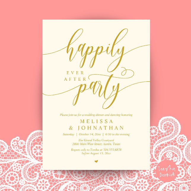 Happily Ever After Party, Modern Wedding Reception Invitation (Happily Ever After Party, Modern Wedding Reception Dinner Invitation Card in Yellow Gold)