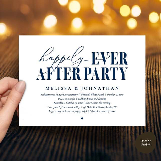 Happily Ever After Party, Modern Wedding Reception Invitation (Happily Ever After Party, Modern Wedding Reception Dinner Dancing Invitation Card in Navy Blue)