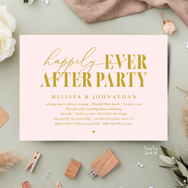 Happily Ever After Party, Modern Wedding Reception Invitation (Happily Ever After Party, Modern Wedding Reception Dinner Dancing Invitation Card in Blush Gold)